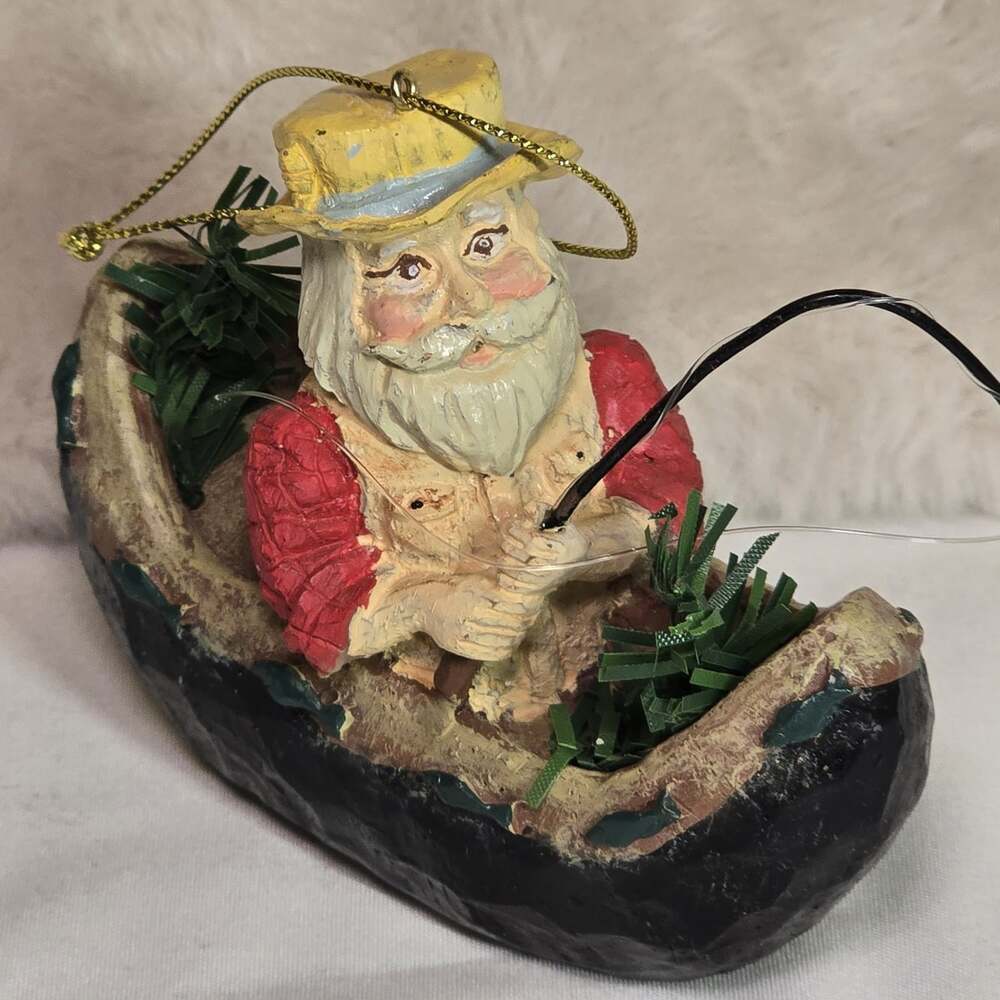 Fishing Santa Claus Canoe Ornament Hand Painted Resin 4” Rustic Cabin Christmas